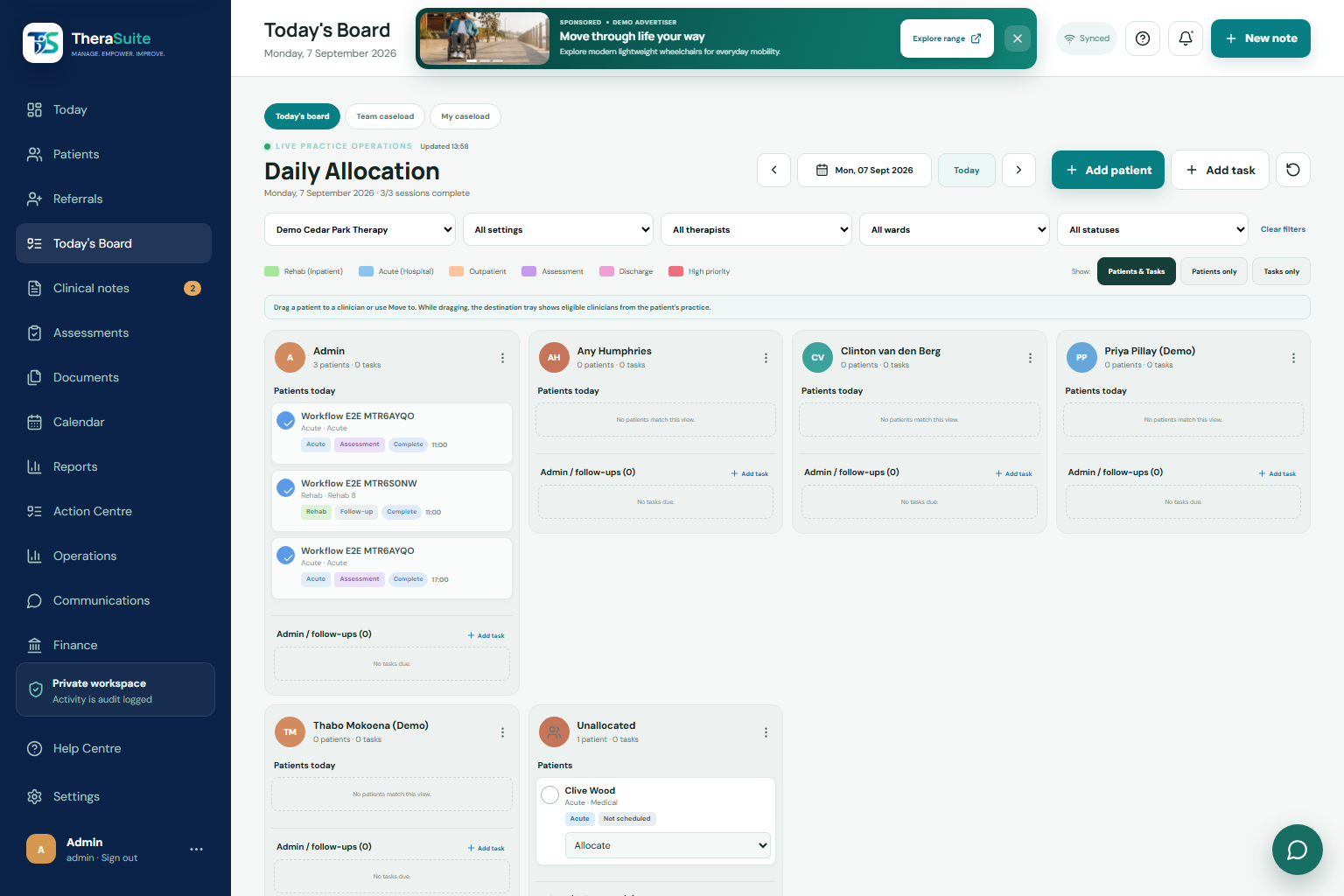 TheraSuite daily allocation board with therapist lanes and patient assignment