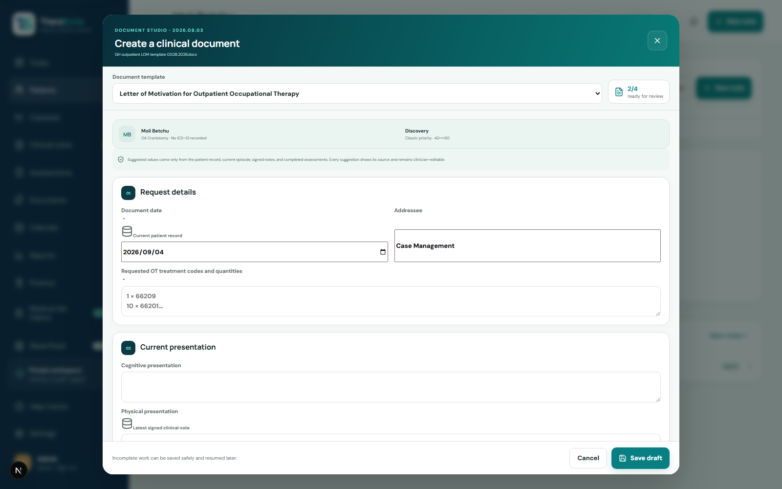 TheraSuite Document Studio creating a letter of motivation from patient record sources