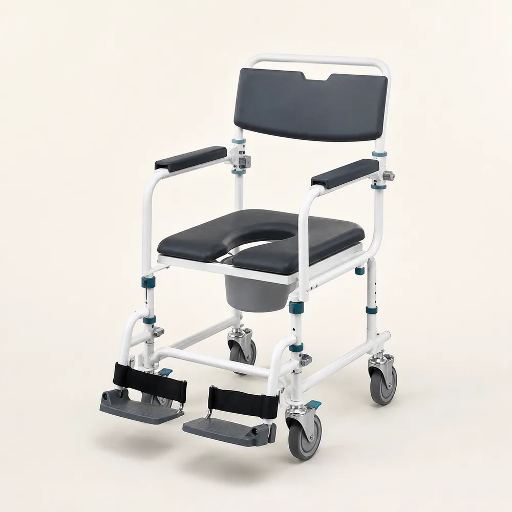 White and graphite mobile shower commode chair with teal details