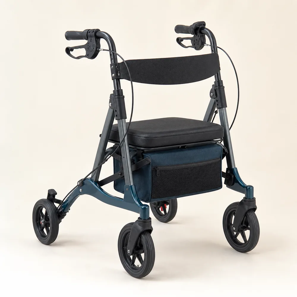 Graphite and teal four-wheel rollator with seat and storage bag