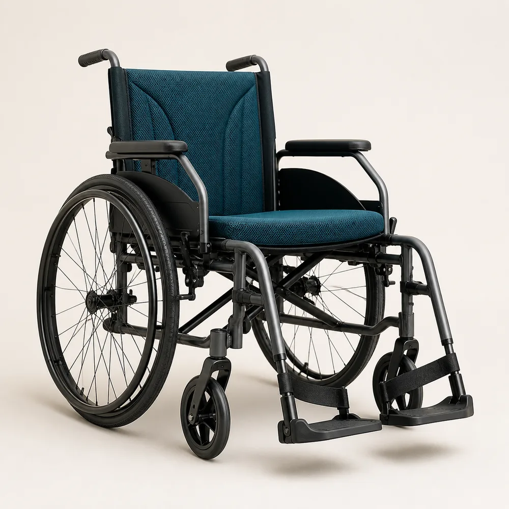 Graphite and teal self-propelled manual wheelchair on a warm studio background