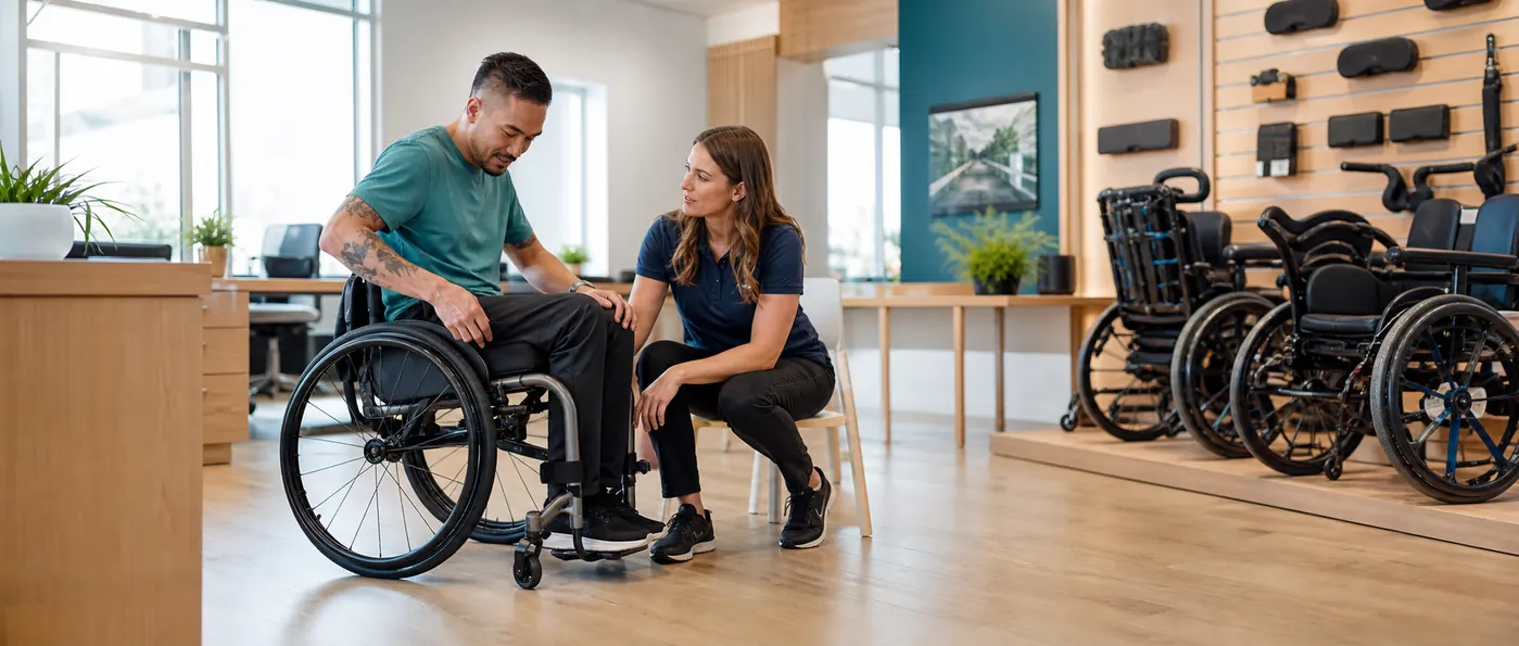 Wheelchair user and rehabilitation professional collaborating during a fitting