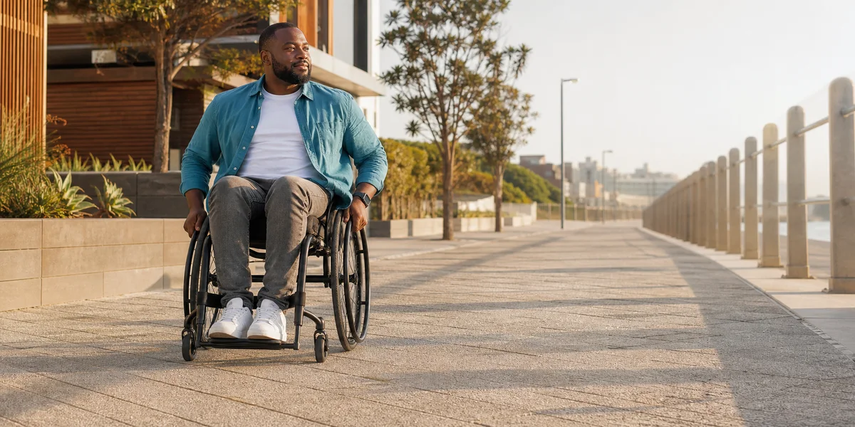Independent adult wheelchair user moving along an accessible sunny promenade